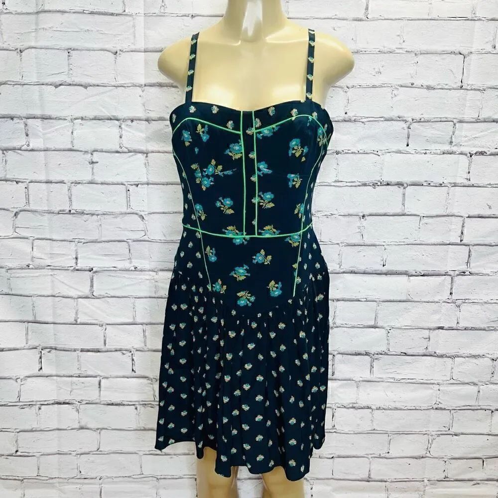 Rebecca Taylor Womens Blue Spaghetti Strap Floral Silk Fit & Flare Dress Size 12
